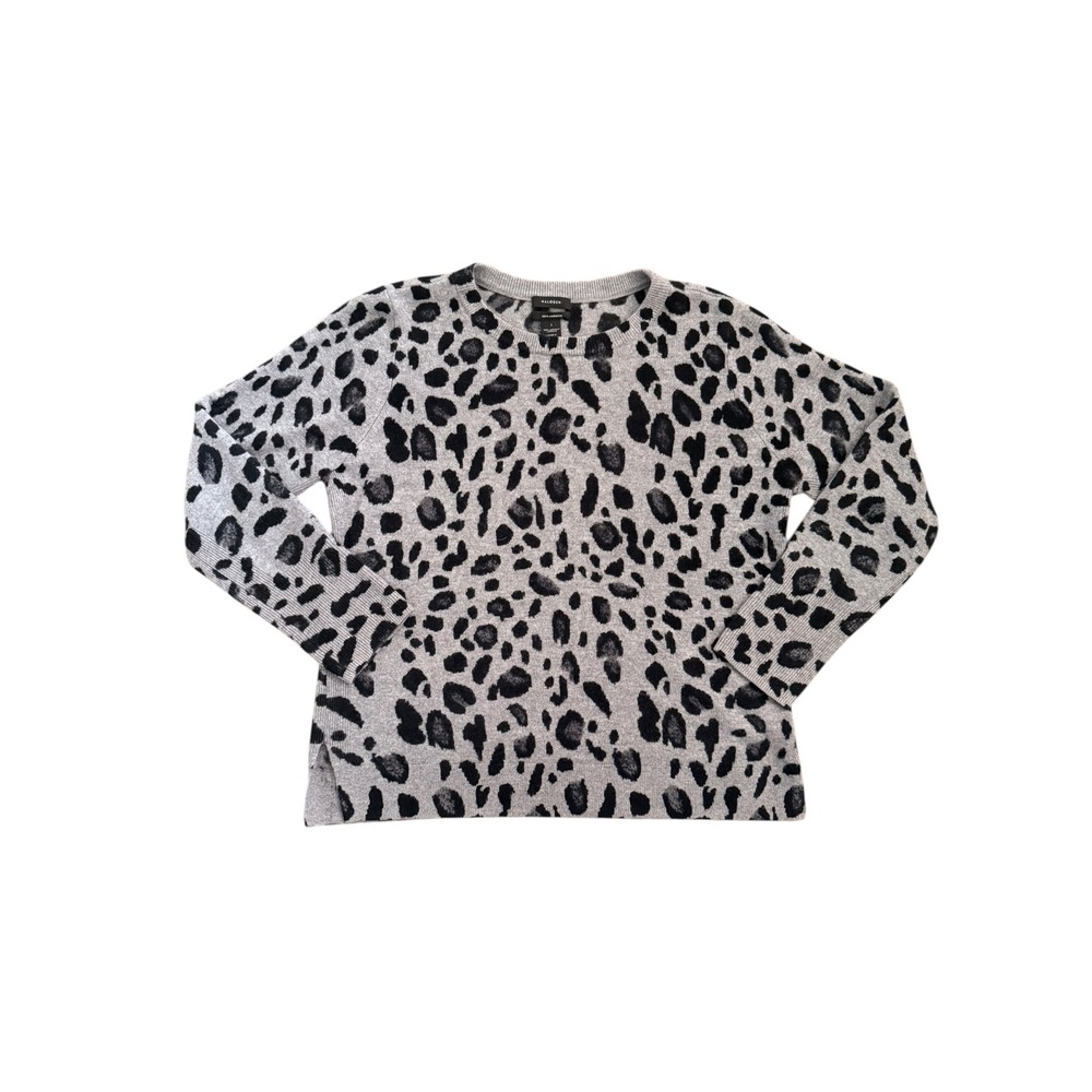 Halogen 100% Cashmere Leopard Print Sweater Gray Black L Animal Print Crew Neck
